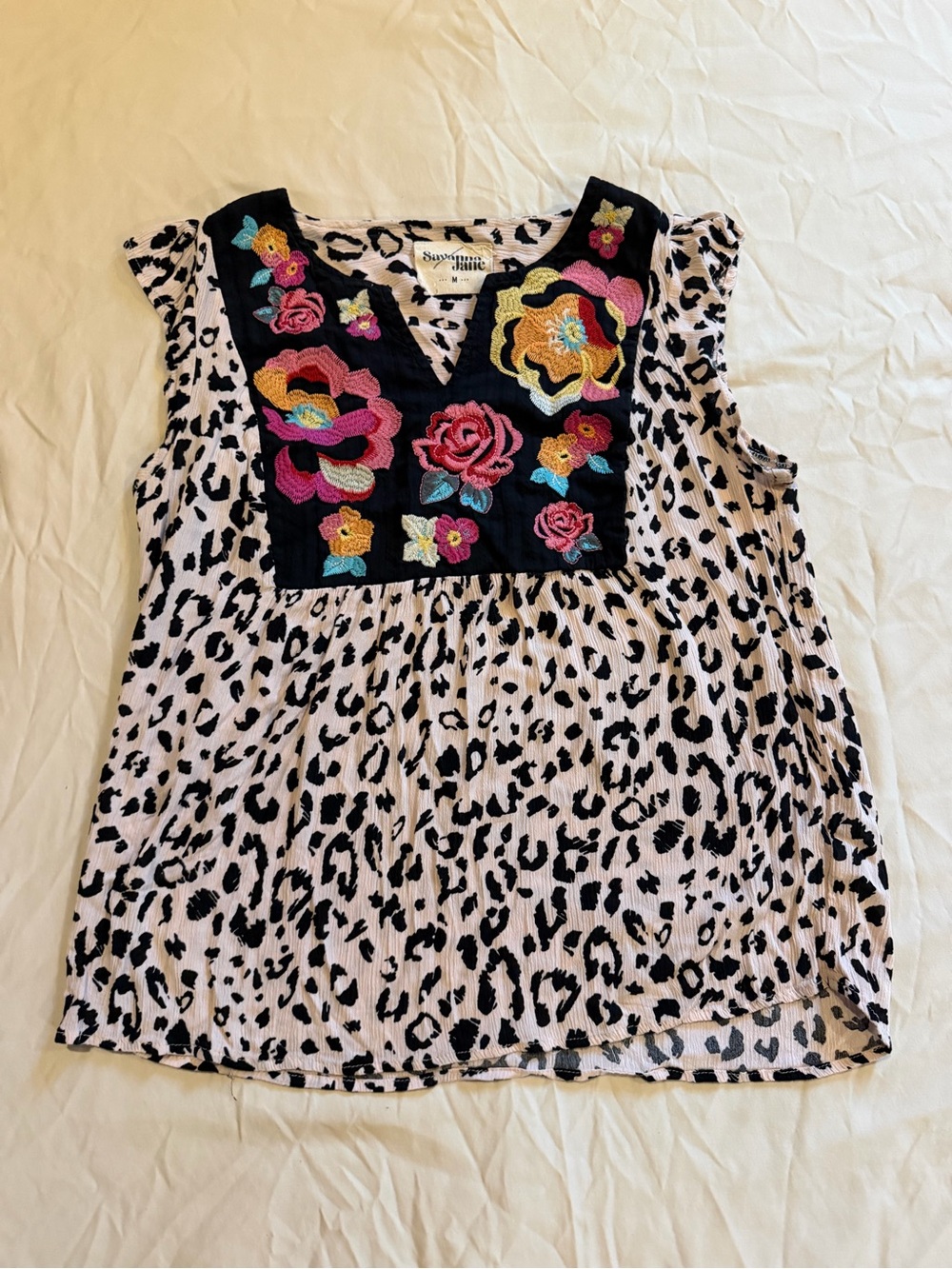 Savanna Jane Black & White Leopard Print Sleeveless Top with Colorful Embroidery